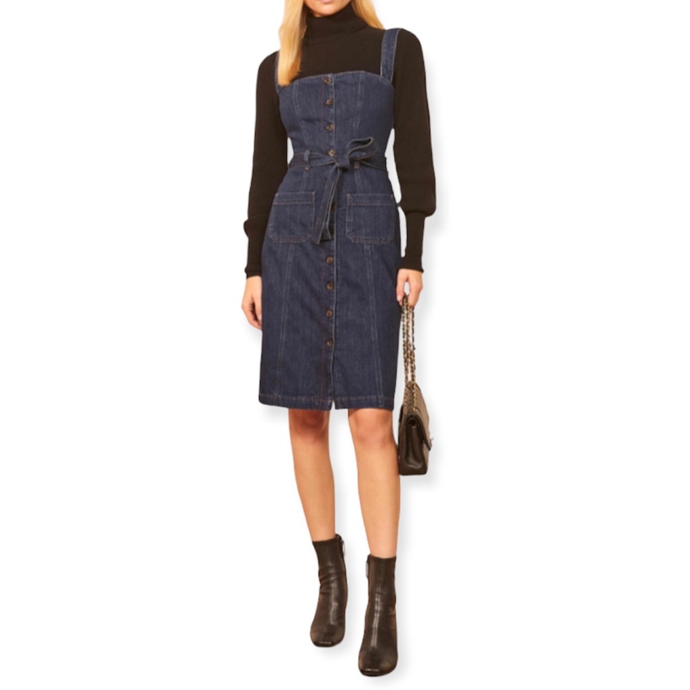 Reformation Dark Blue Denim Button-Front Pinafore Dress